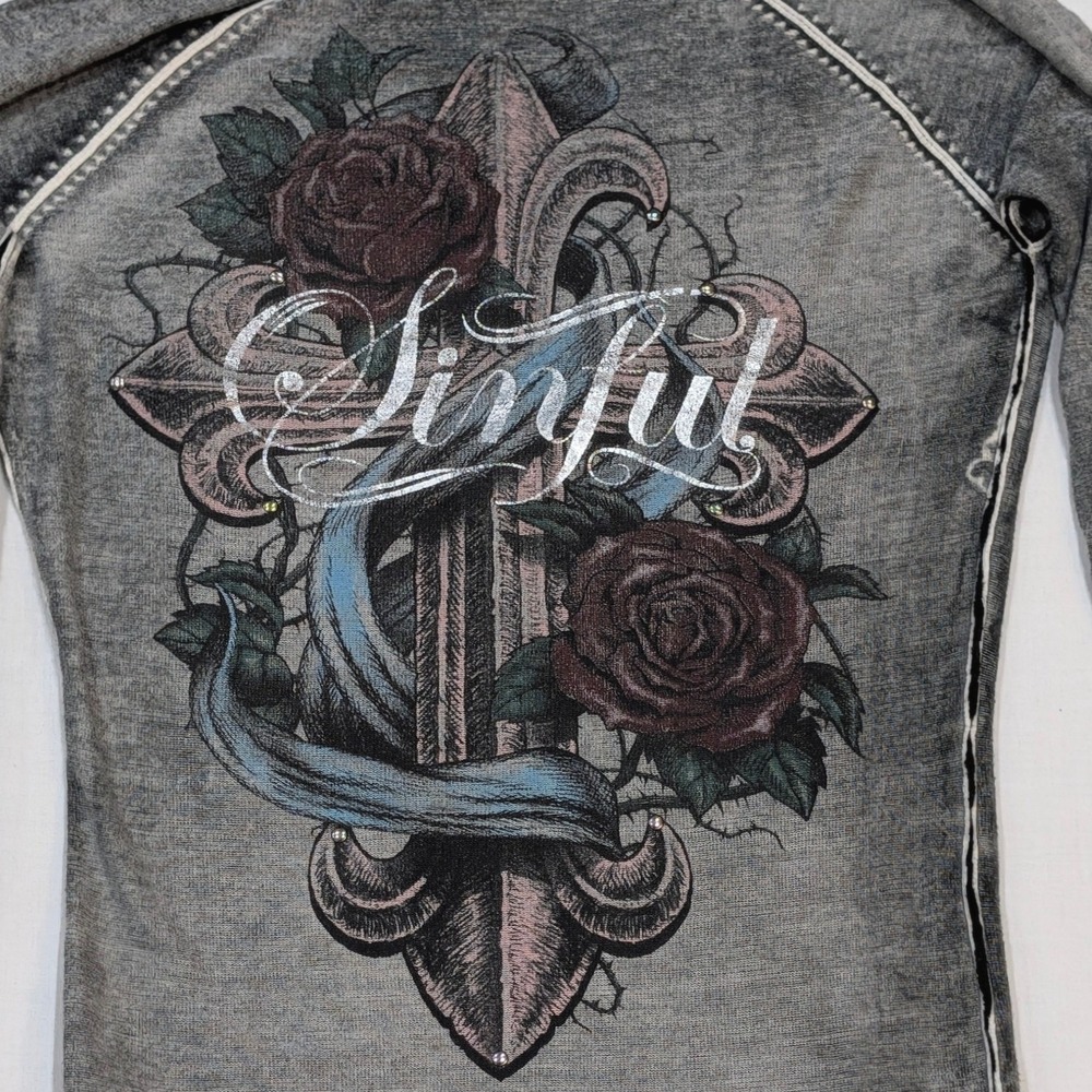 Sinful by Affliction Grey Distressed Cross Rose Graphic Hoodie Y2K Gothic Medium